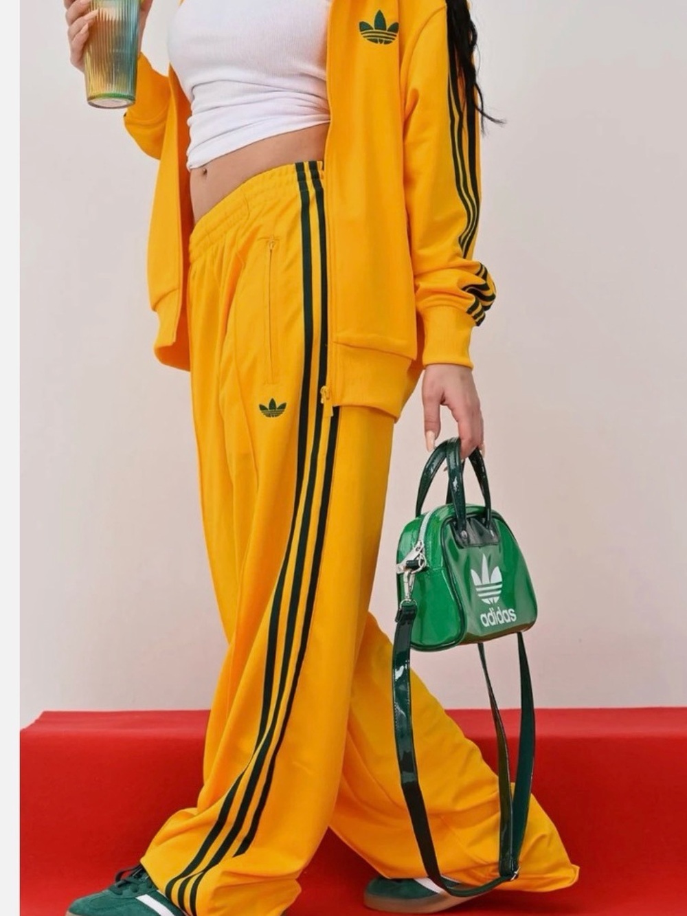 adidas Yellow Track Pants with Green Stripes